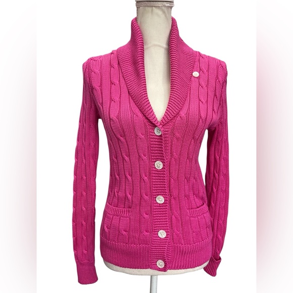 Ralph Lauren Cable Knit Cardigan Pink Pima Cotton Shawl Collar Button Front M - Picture 2 of 13
